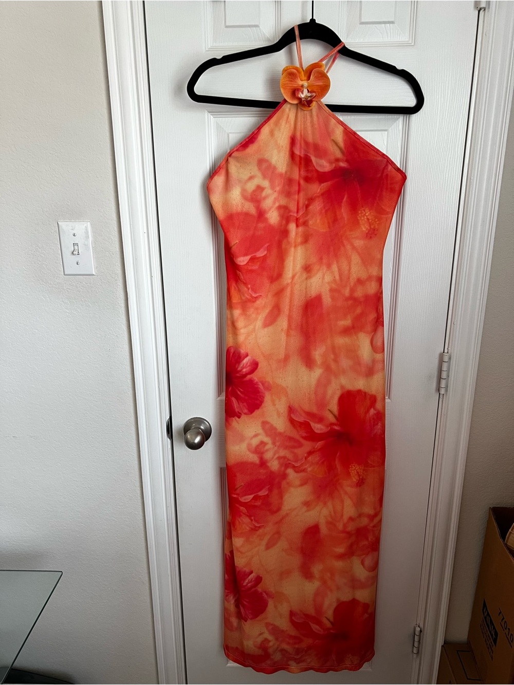 SHEIN Orange-Red Floral Halter Maxi Dress